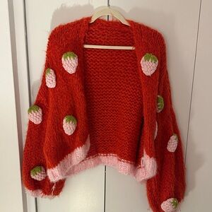 Handmade Red Strawberry Appliqué Chunky Knit Women's Cardigan